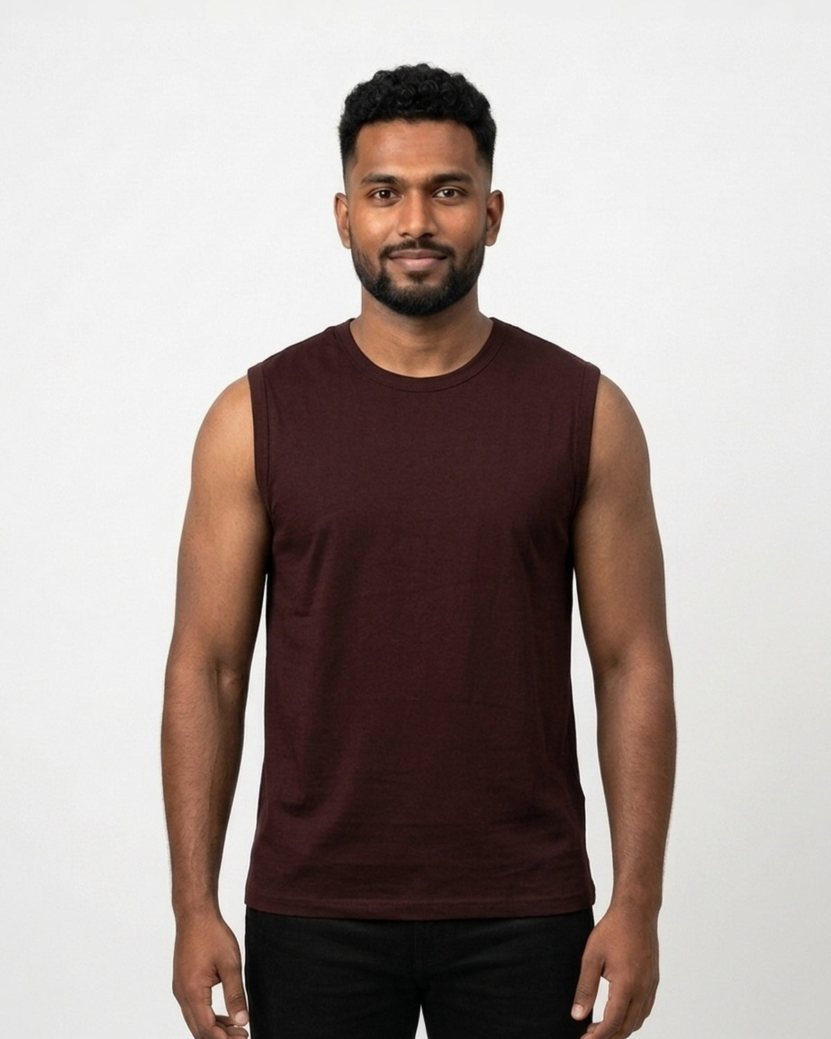 Sleeveless T-Shirt in Maroon on dusky skin — MULTITHREAD