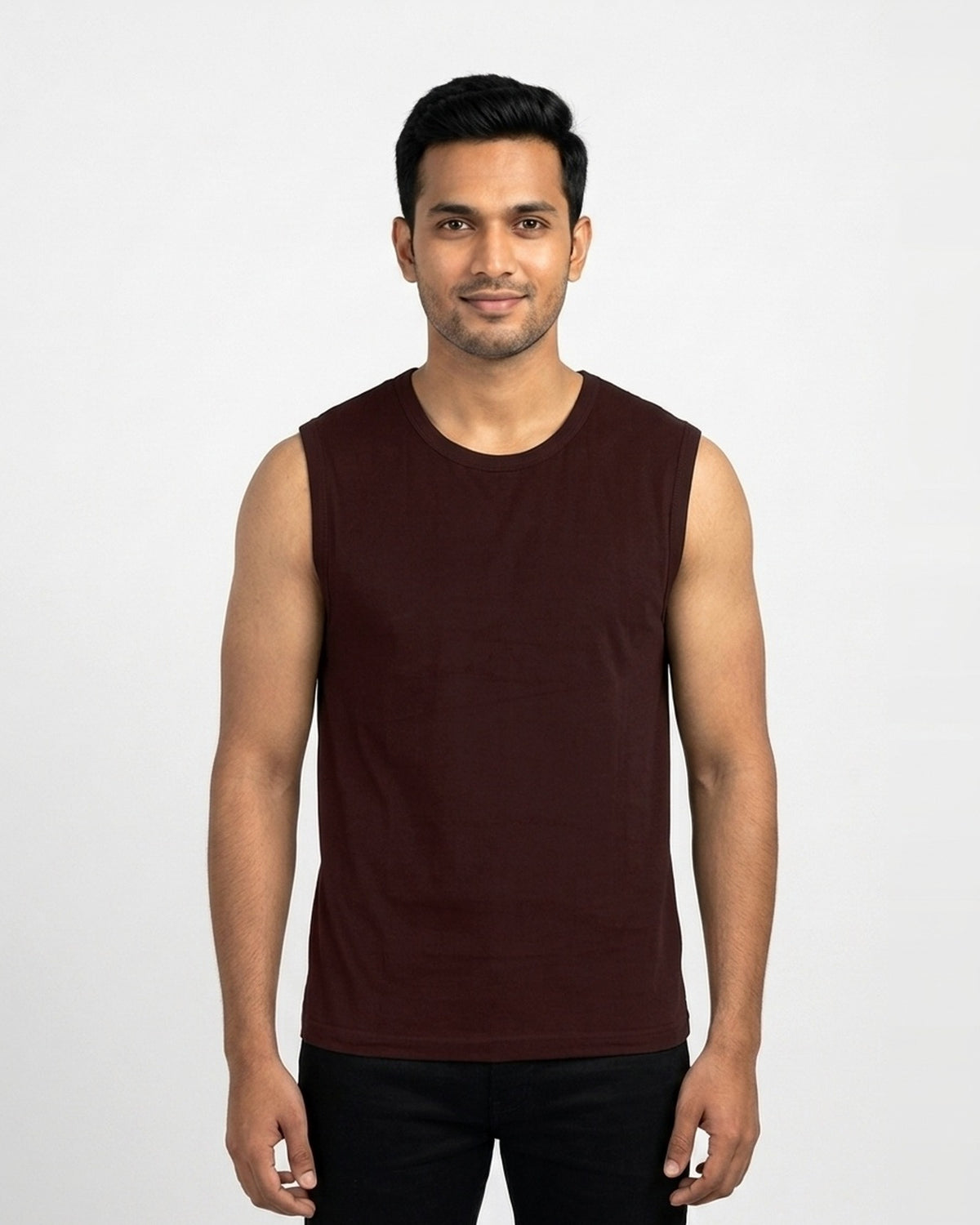 Sleeveless T-Shirt in Maroon on wheatish skin — MULTITHREAD