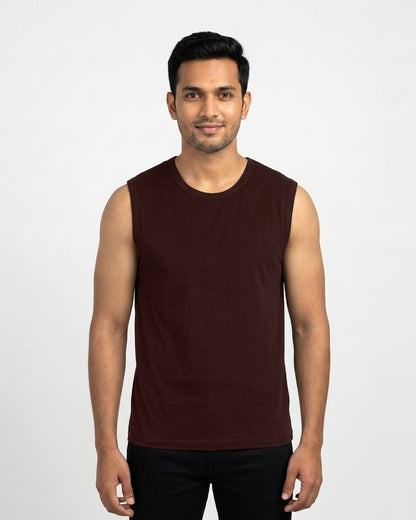 Sleeveless T-Shirt in Maroon on wheatish skin — MULTITHREAD
