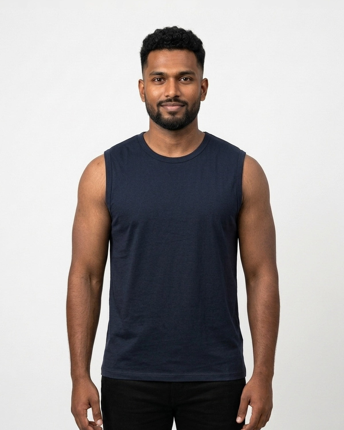 Sleeveless T-Shirt in Navy Blue on dusky skin — MULTITHREAD