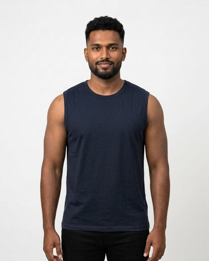 Sleeveless T-Shirt in Navy Blue on dusky skin — MULTITHREAD