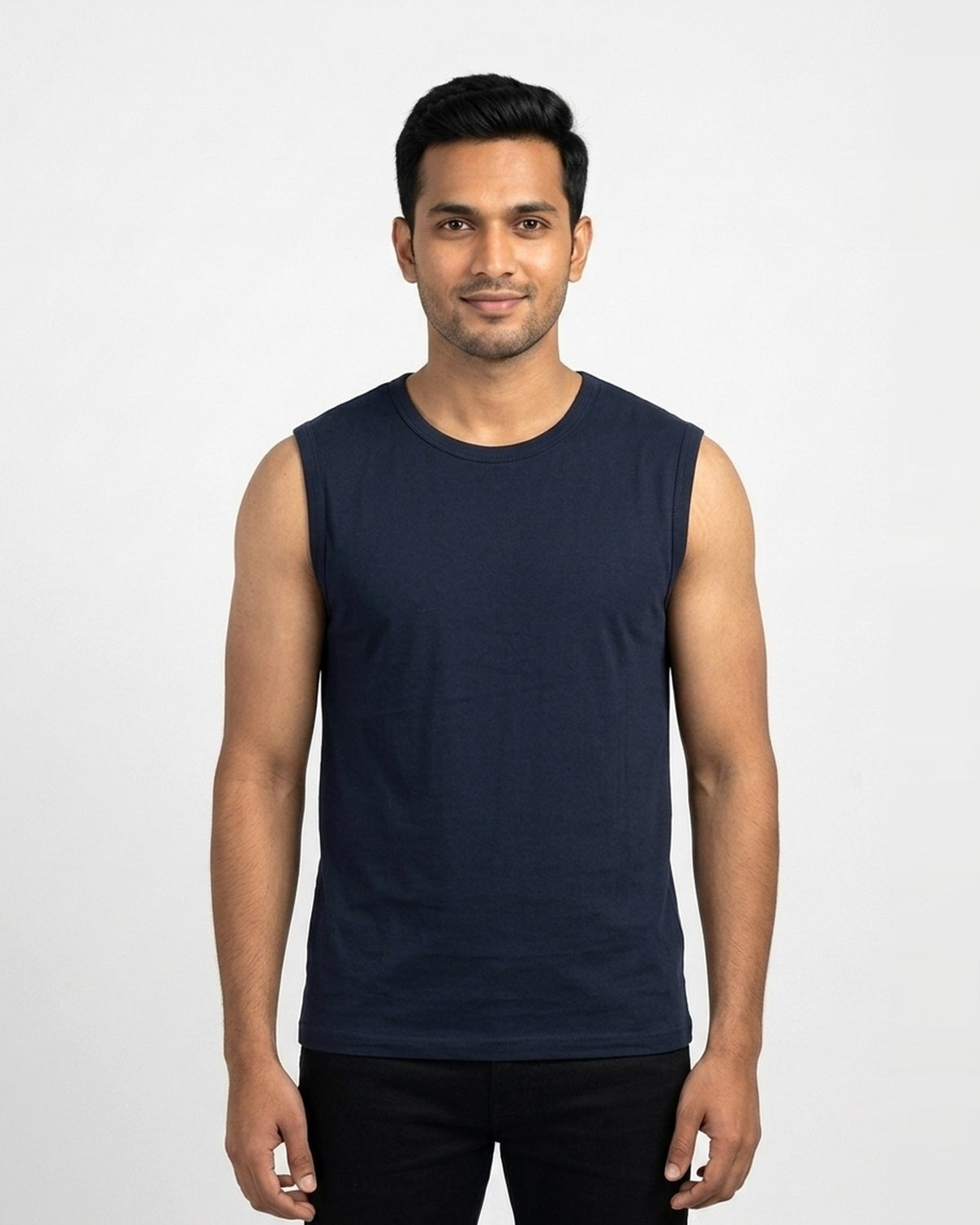 Sleeveless T-Shirt in Navy Blue on wheatish skin — MULTITHREAD