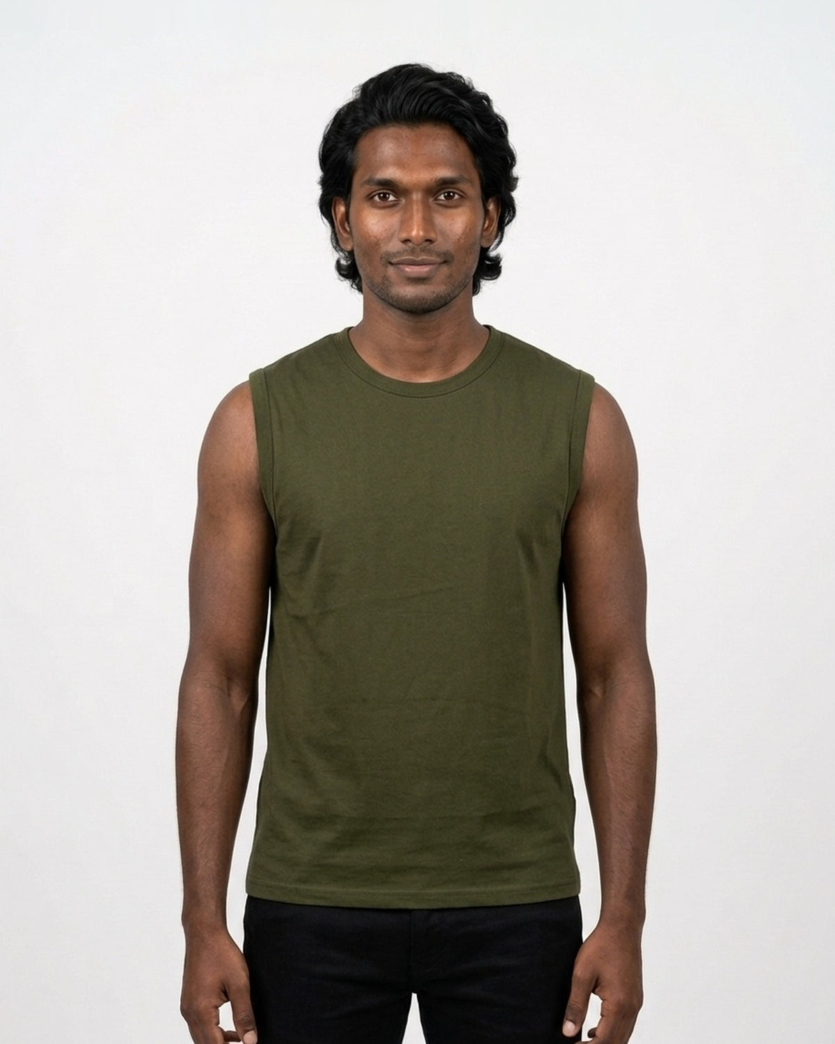 Sleeveless T-Shirt in Olive Green on deep skin — MULTITHREAD