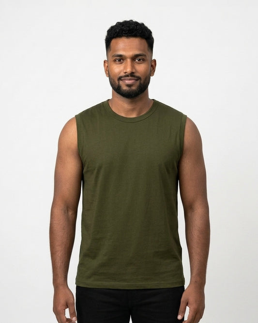 Sleeveless T-Shirt in Olive Green on dusky skin — MULTITHREAD