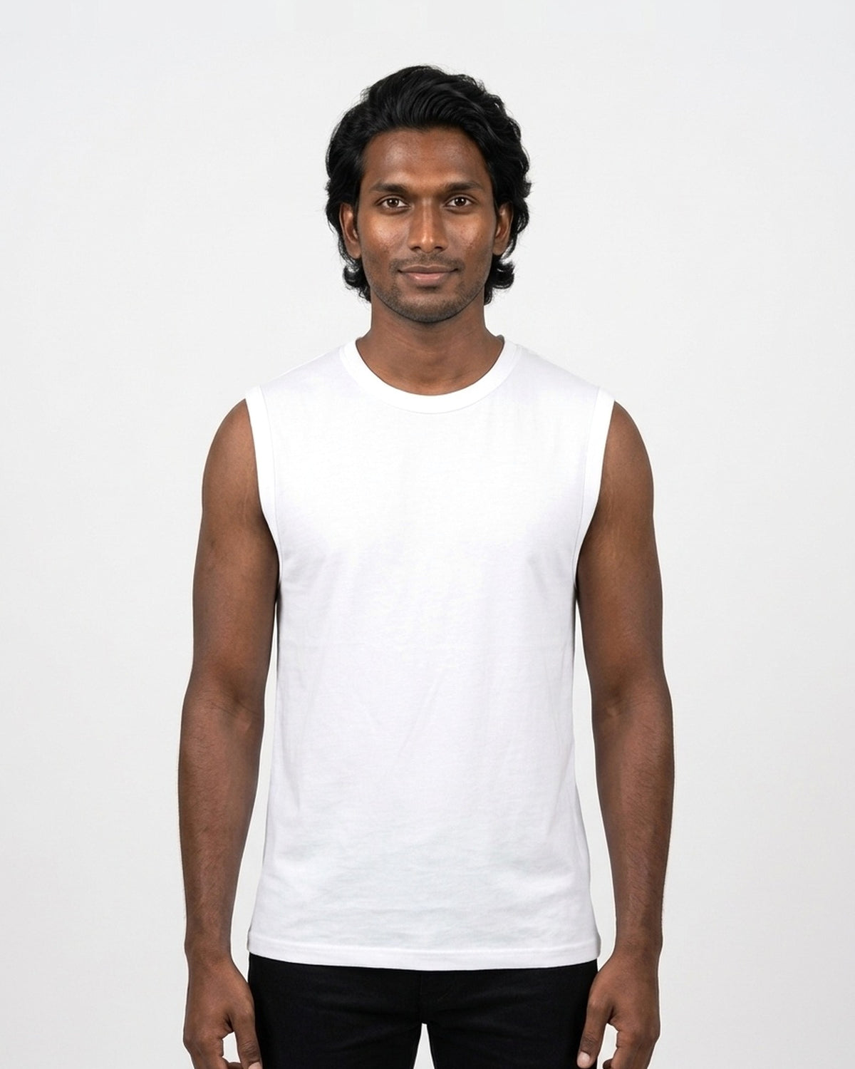 Sleeveless T-Shirt in White on deep skin — MULTITHREAD