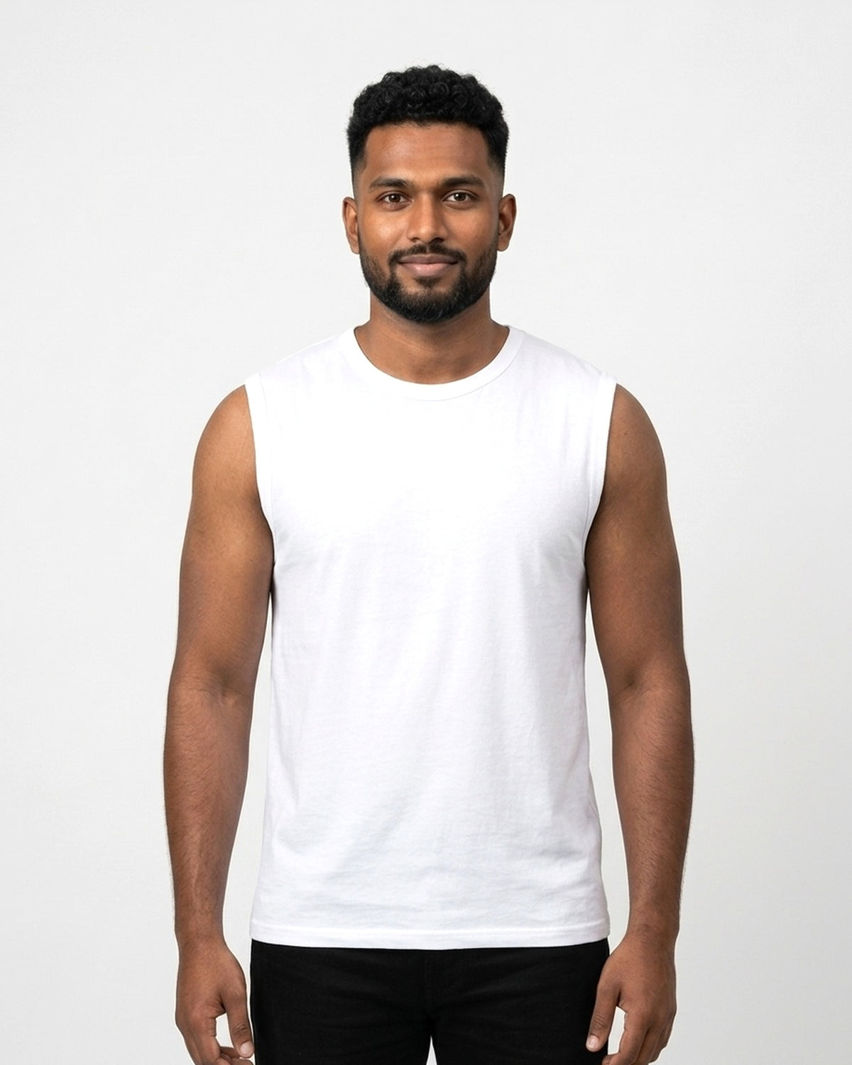 Sleeveless T-Shirt in White on dusky skin — MULTITHREAD