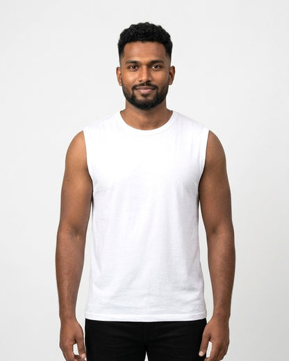 Sleeveless T-Shirt in White on dusky skin — MULTITHREAD