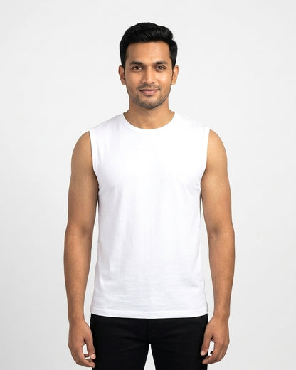 Sleeveless T-Shirt in White on wheatish skin — MULTITHREAD