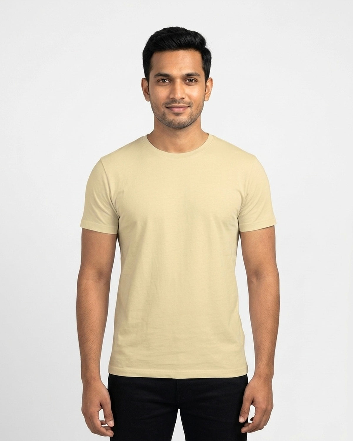 Supima Cotton T-Shirt in Beige on wheatish skin — MULTITHREAD