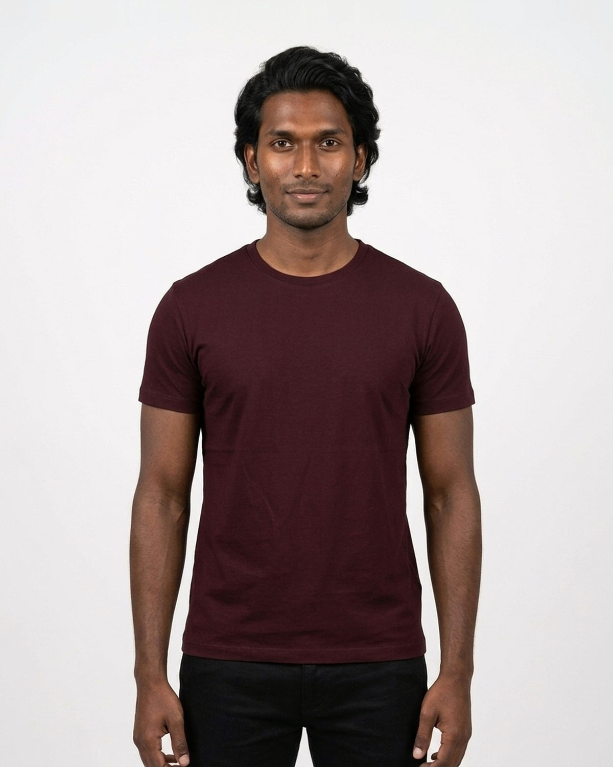Supima Cotton T-Shirt in Maroon on deep skin — MULTITHREAD