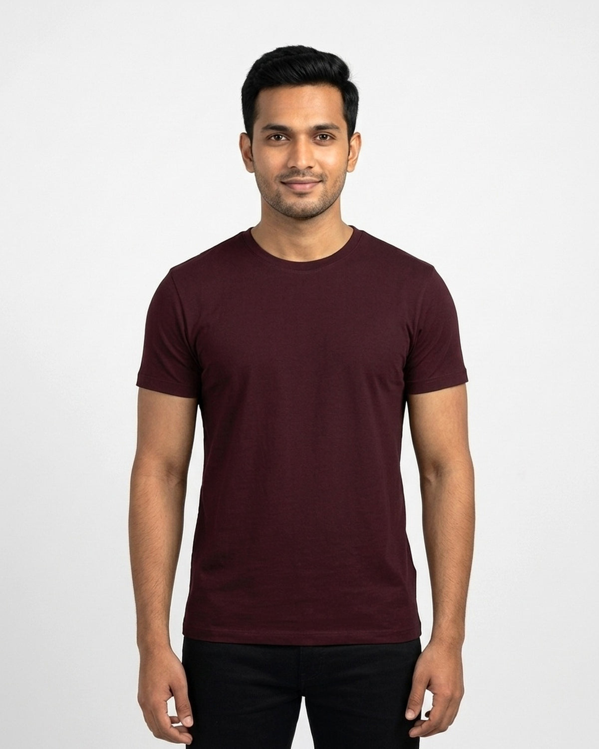 Supima Cotton T-Shirt in Maroon on wheatish skin — MULTITHREAD
