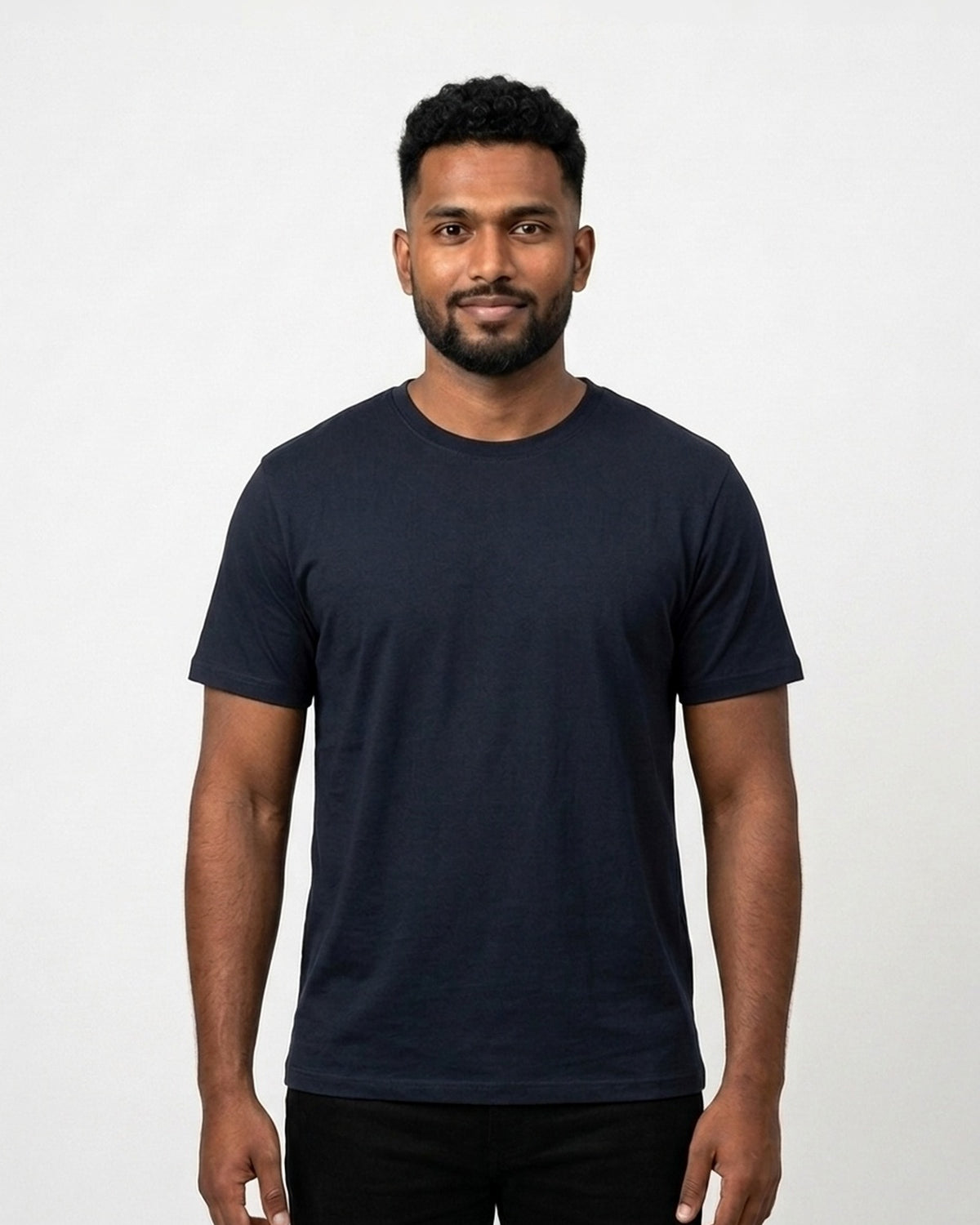 Supima Cotton T-Shirt in Navy Blue on dusky skin — MULTITHREAD