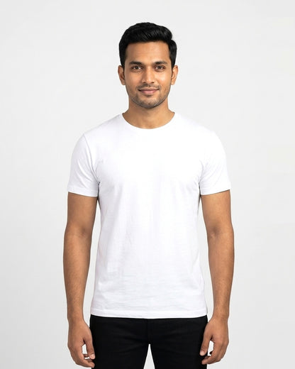 Supima Cotton T-Shirt in White on wheatish skin — MULTITHREAD