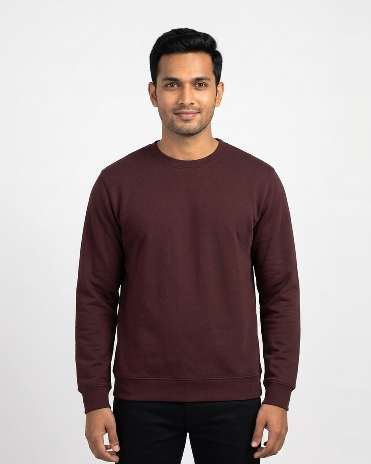 Sweatshirt in Maroon on wheatish skin — MULTITHREAD