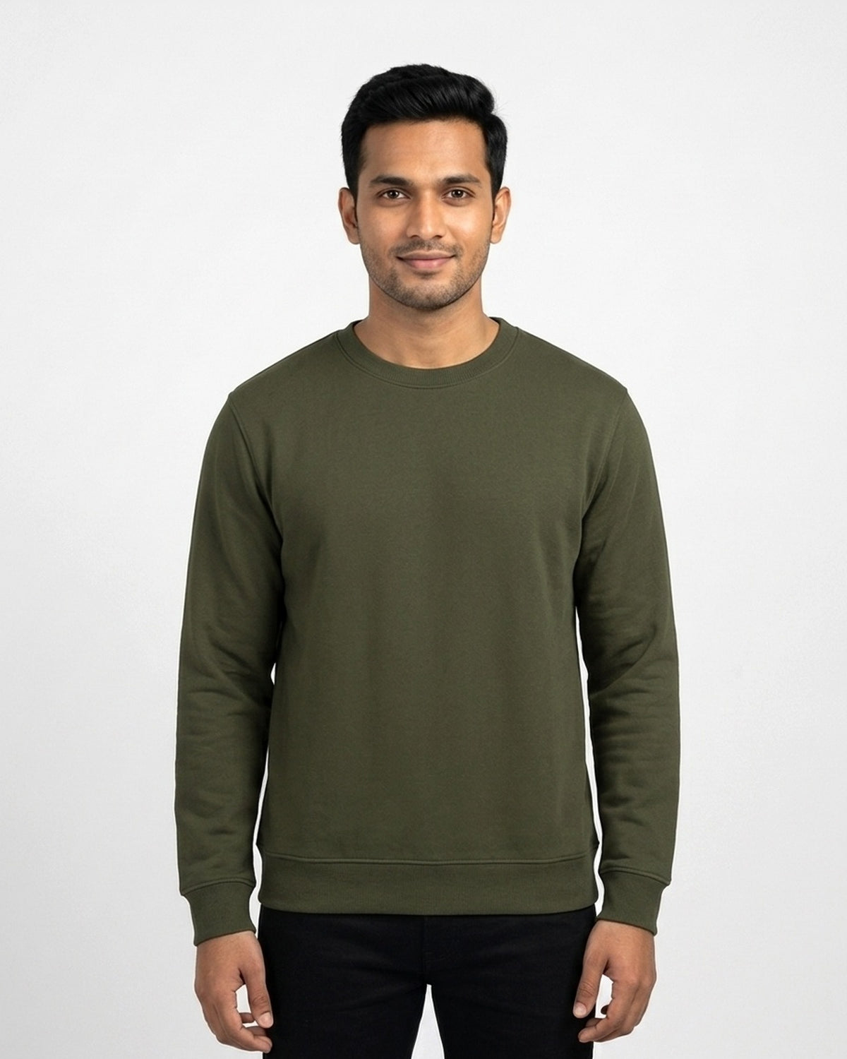 Sweatshirt in Olive Green on wheatish skin — MULTITHREAD