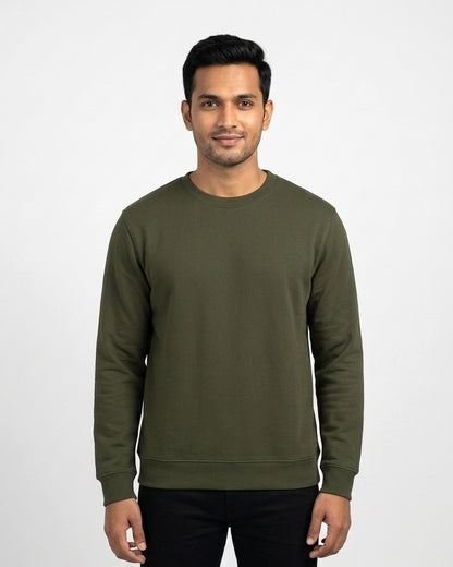 Sweatshirt in Olive Green on wheatish skin — MULTITHREAD
